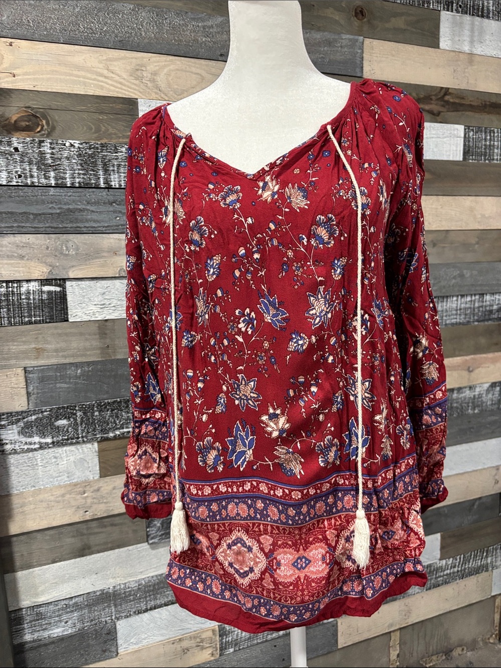 Tassels & Lace Red Floral Tassel Peasant Blouse